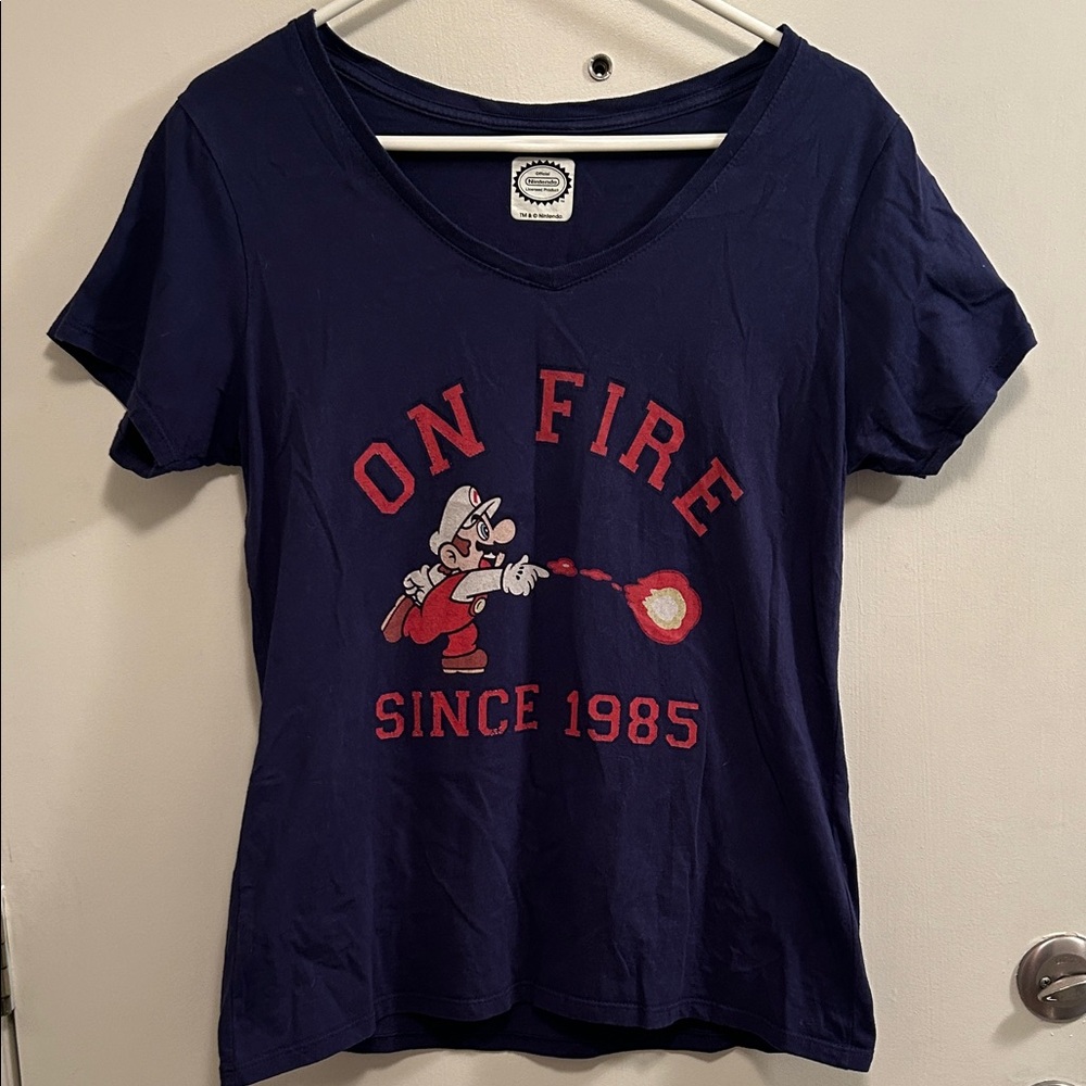 Navy Graphic Mario Bros Tee with Cartoon Mario Print W-XL